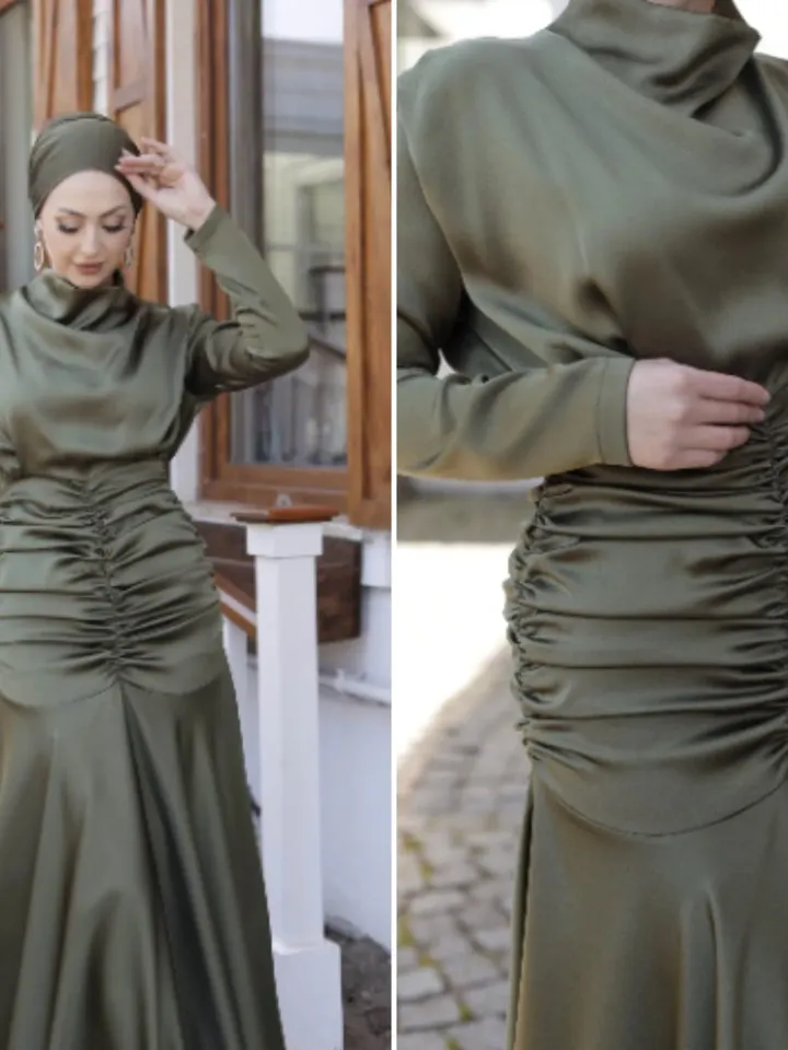 AHUNARE HIJAB - Dilara  Khaki Satin Wedding Dress, Muslim Evening Gown, Nikah, Islamic Wedding, Engagement, Bridesmaid,