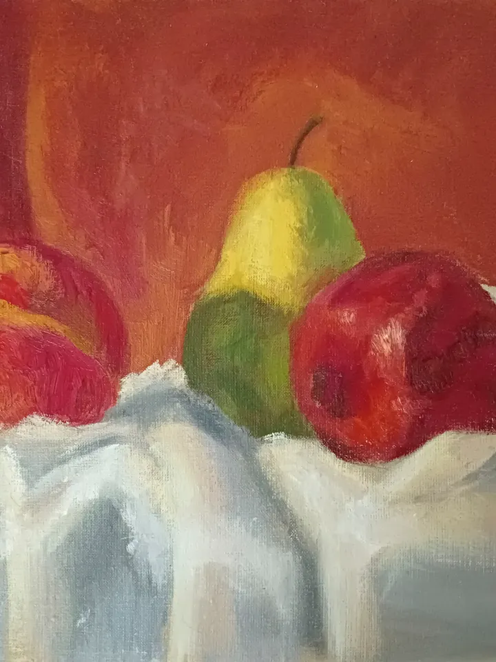 "Peach, pear and pomegranate" fruit oil painting still life original wall art picture small