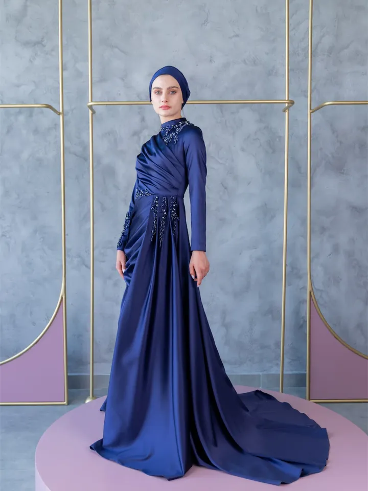 Mercan Navy Blue Satin Tailed Embroidered Ahunare Wedding Dress, Muslim Evening Gown, Islamic Wedding, Engagement, Bridesmaid, Maxi Dress