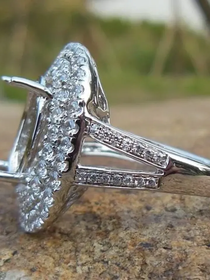 Double Halo Ring,Solid 14K White Gold Oval 7x10MM Fashion Semi Mount Ring / Diamond Ring