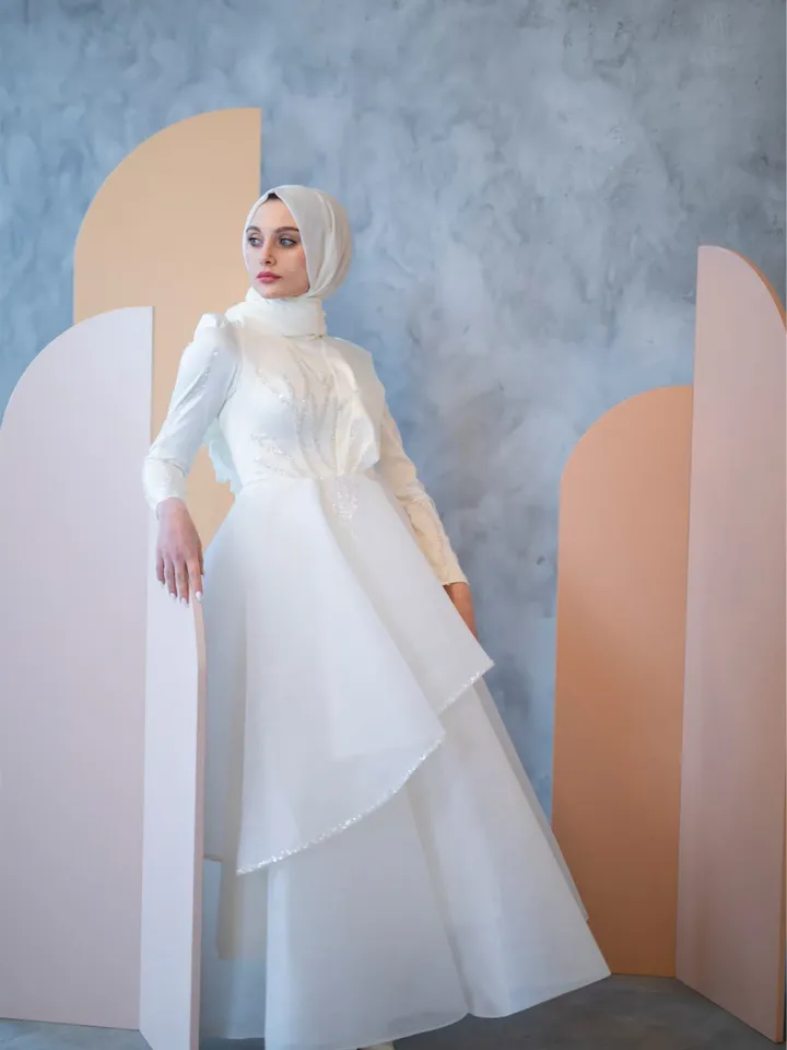 AHUNARE HIJAB - Seçil White Embroidered Wedding Dress, Muslim Evening Gown, Nikah, Islamic Wedding, Engagement, Bridesmaid,