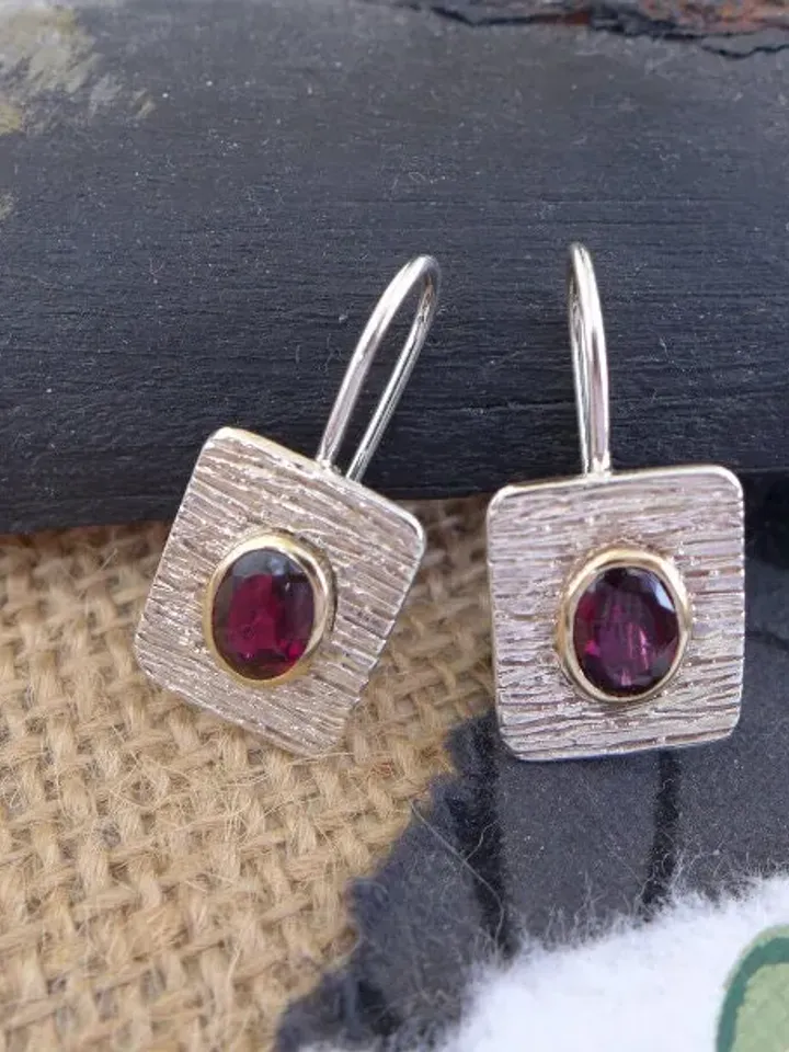 Textured Sterling Silver Earrings with Garnets Set in Gold