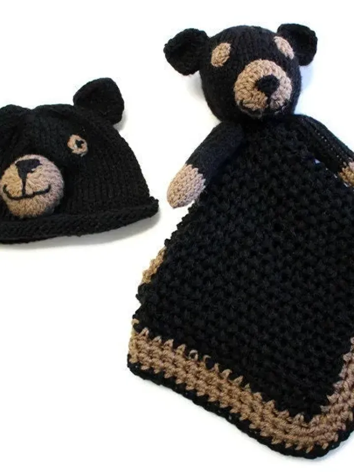 Black Bear Gift Set and Photoshoot Props, Woodland Animals Nursery Décor, Baby Shower Gift Ideas for New Moms, Crochet Lovies, Safari Animal