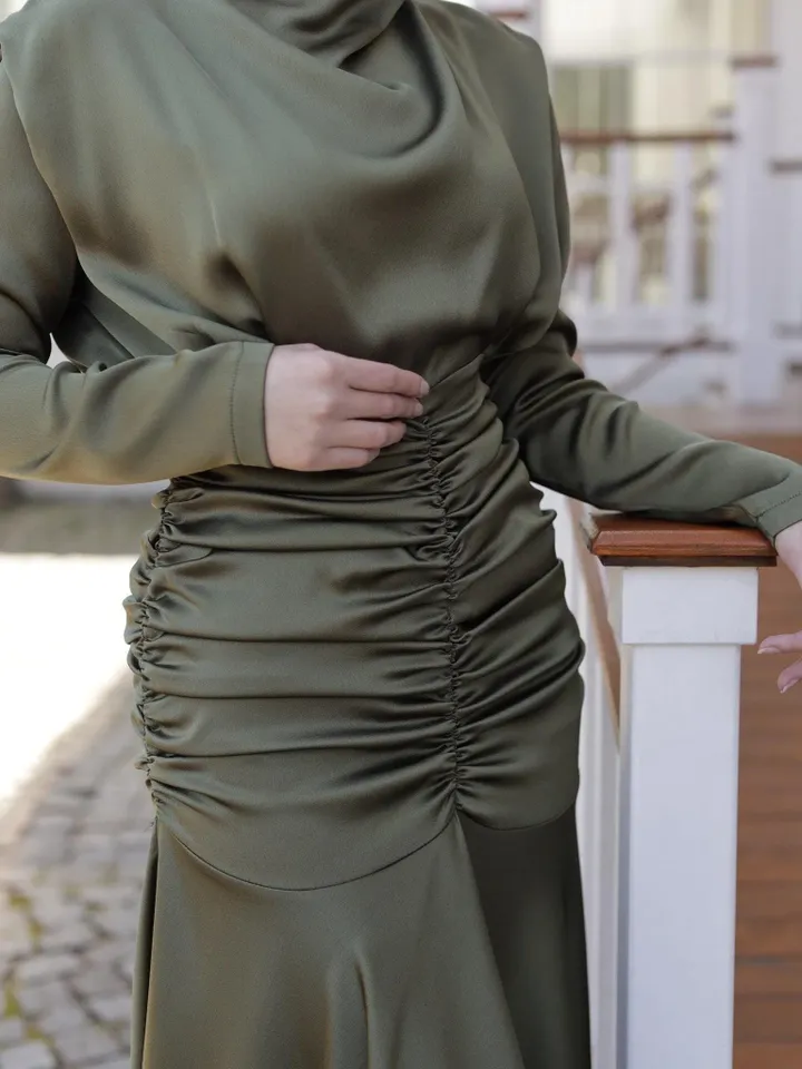 AHUNARE HIJAB - Dilara  Khaki Satin Wedding Dress, Muslim Evening Gown, Nikah, Islamic Wedding, Engagement, Bridesmaid,