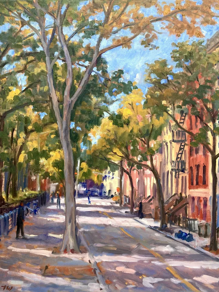 East Village Cityscape Painting - Autumn on 10th Street/Tompkins Square/NYC - 16x20 Oil on Linen, New York Impressionism, Signed Original