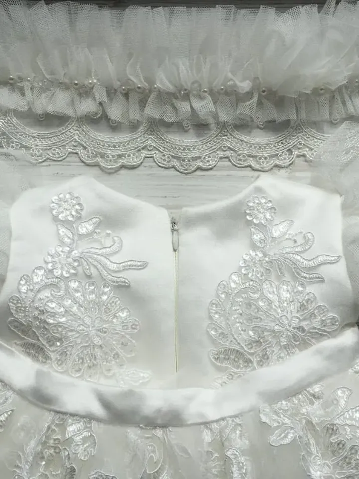 Ivory dress with lace and pearls, headband, shoes for baby girl. Baptism outfit for baby girl. Christening gown for baby girl.