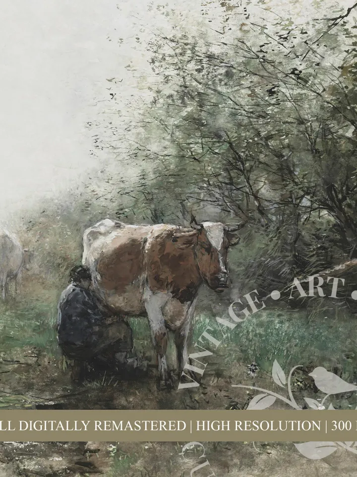 Large Farmhouse Wall Art Cow Milking Painting, Vintage Printable Home Decor, Digital Downloadable | 331