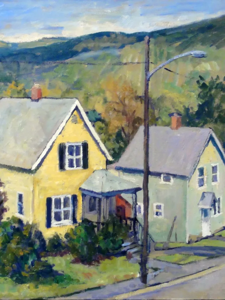 American Landscape Painting - Downhill/Autumn Houses - 14x20 Oil on Canvas, Realist Landscape, Signed Original Plein Air Impressionism