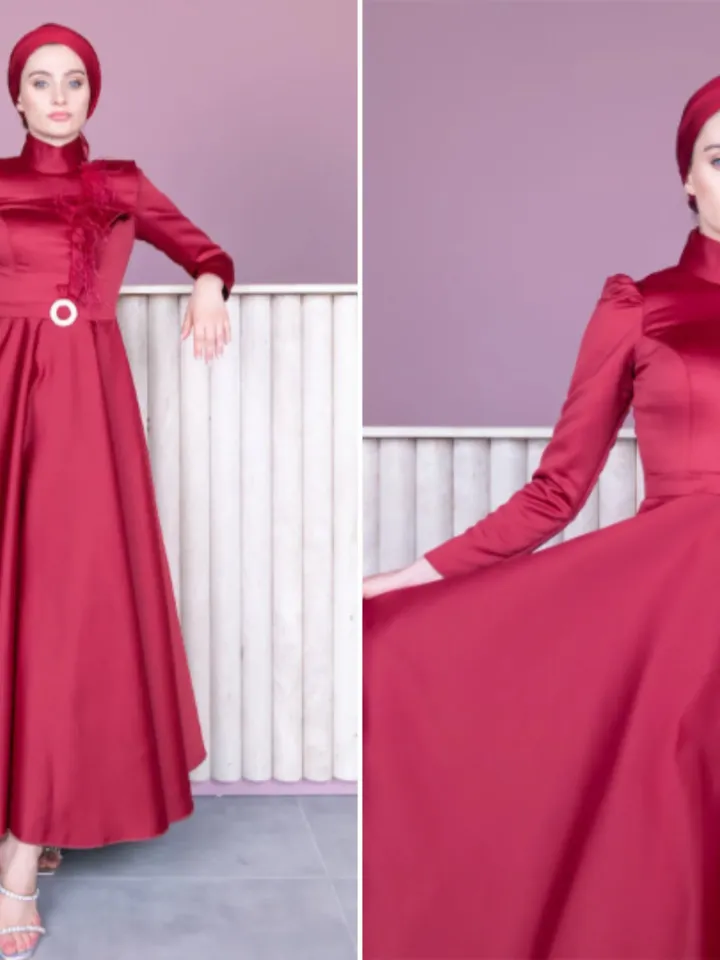 AHUNARE HIJAB - Nazan Red Satin Wedding Dress, Muslim Evening Gown, Nikah, Islamic Wedding, Engagement, Bridesmaid,
