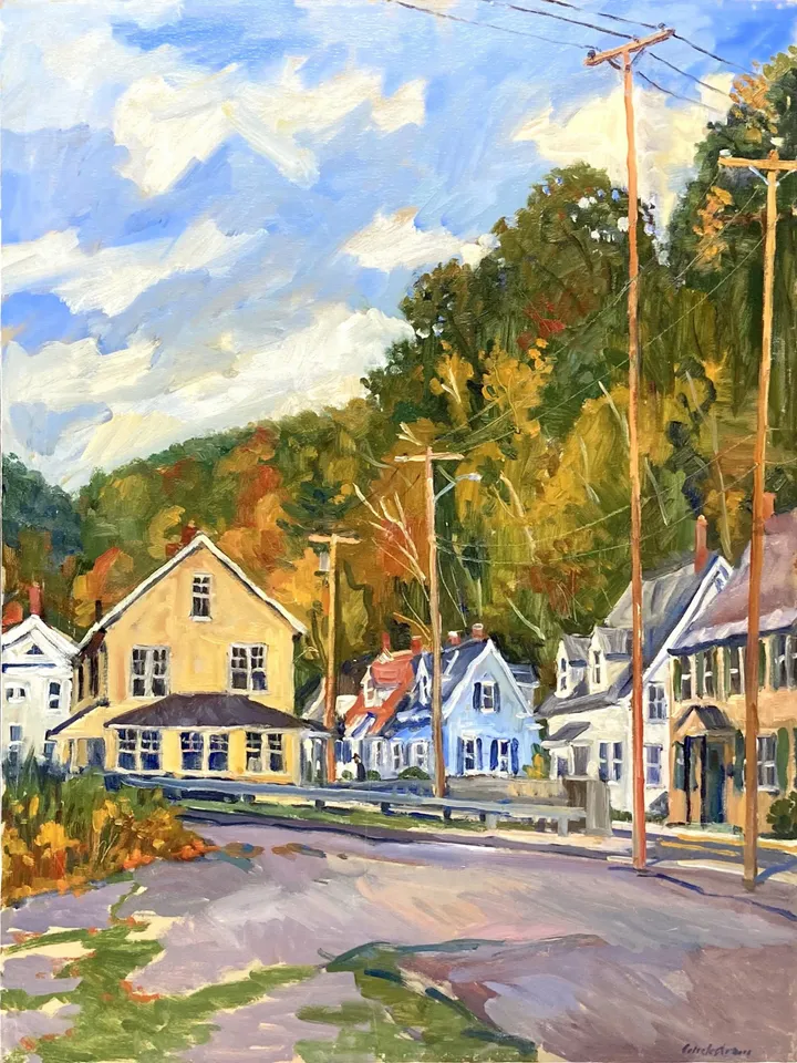 Large Original Landscape Painting -Mill Autumn Houses/North Adams- 18x24 Oil on Canvas, Berkshires Plein Air Impressionist Fine Art