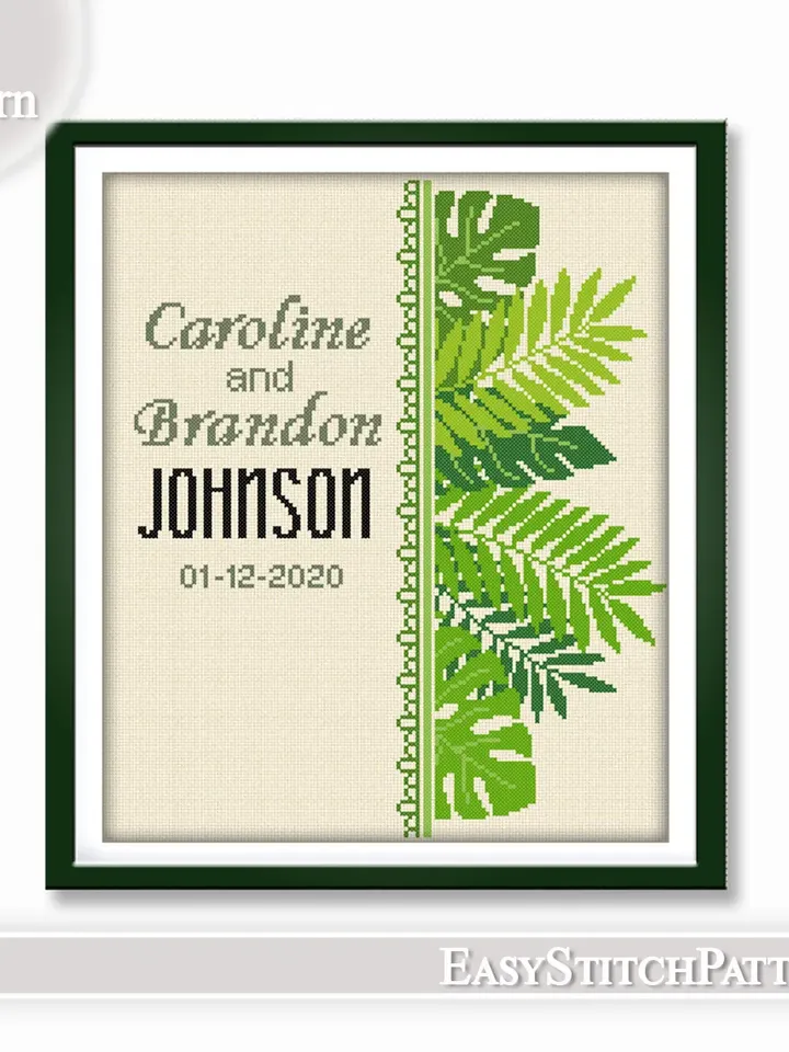 Wedding cross stitch pattern. Save the date cross stitch. DIY. Floral border.