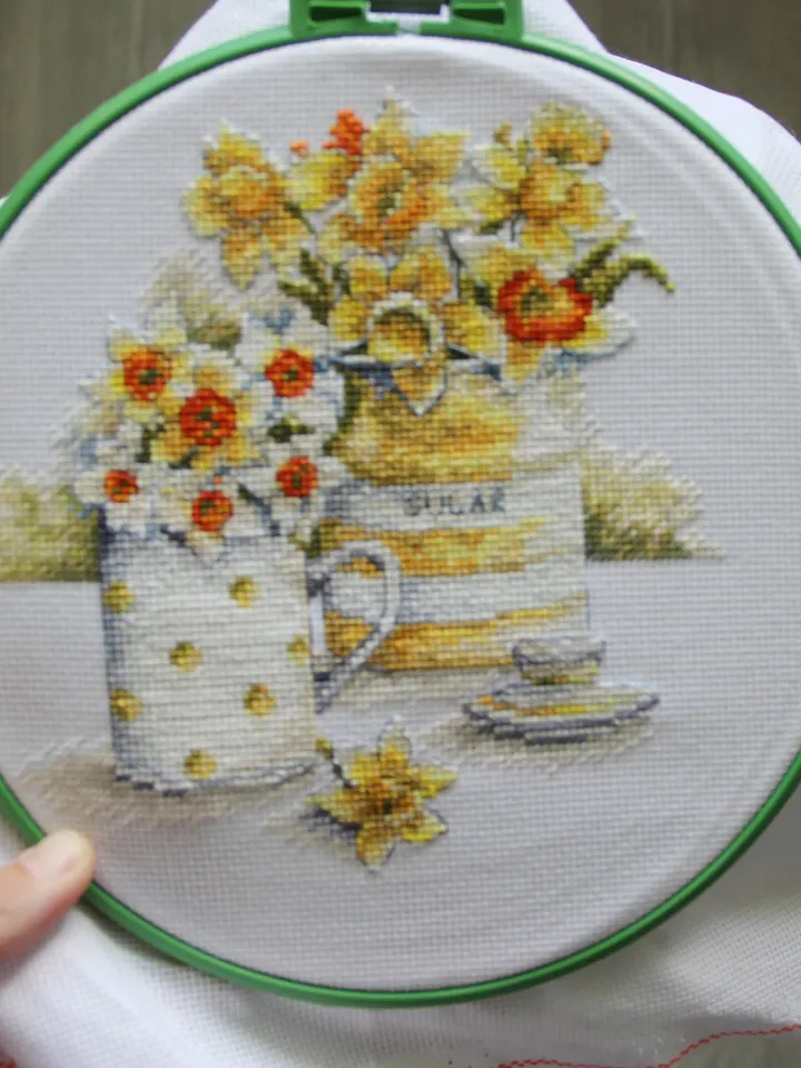 Daffodil picture. Finished cross stitch painting