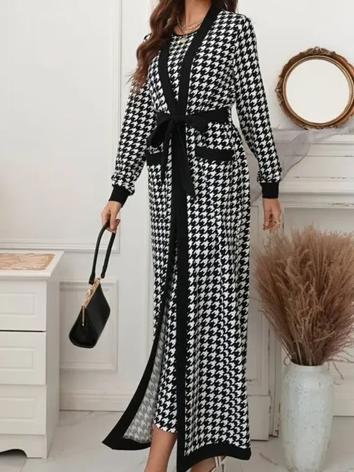2Pc Set Co-Ord Houndstooth Open Front Pocket Belted Cardigan Coat & Pencil Dress