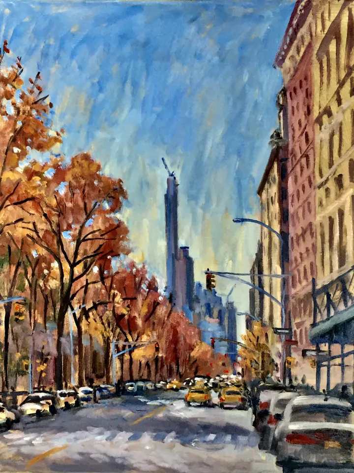 Original Upper West Side New York Landscape Painting - Central Park West/NYC - 16x20 Oil on Canvas, Signed Impressionist Cityscape