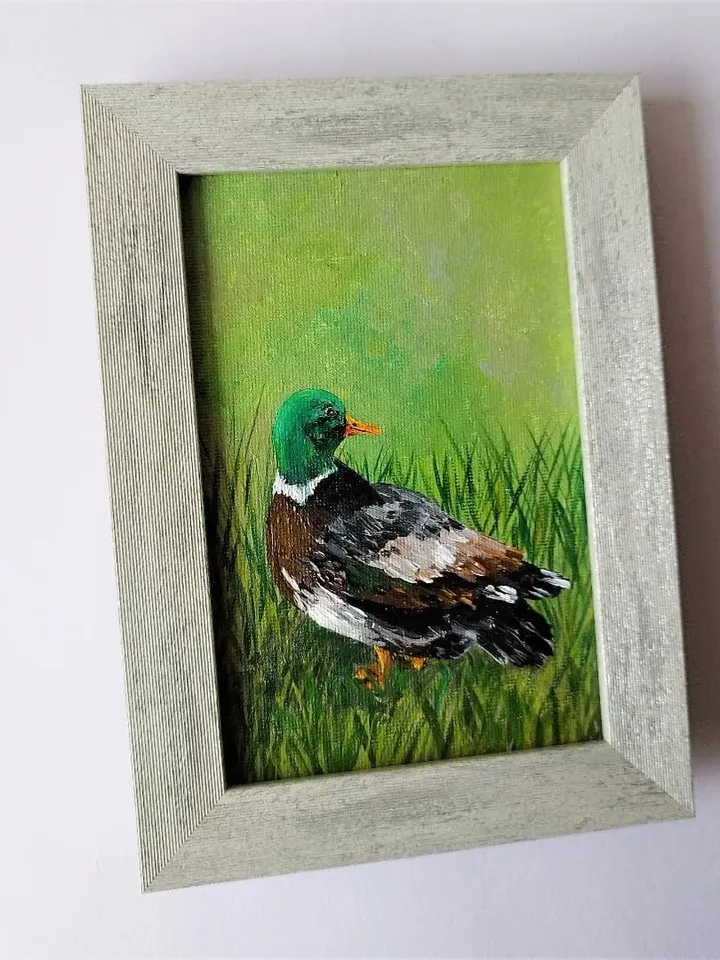 Duck little bird painting, Small wall decor, Farm birds acrylic painting on canvas art impasto