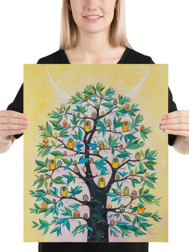 Magic Cosmic Tree, Lots of Birds on the Branches, Painting for Meditation, poster from the original work by Ukrainian artist A. Paranchenko