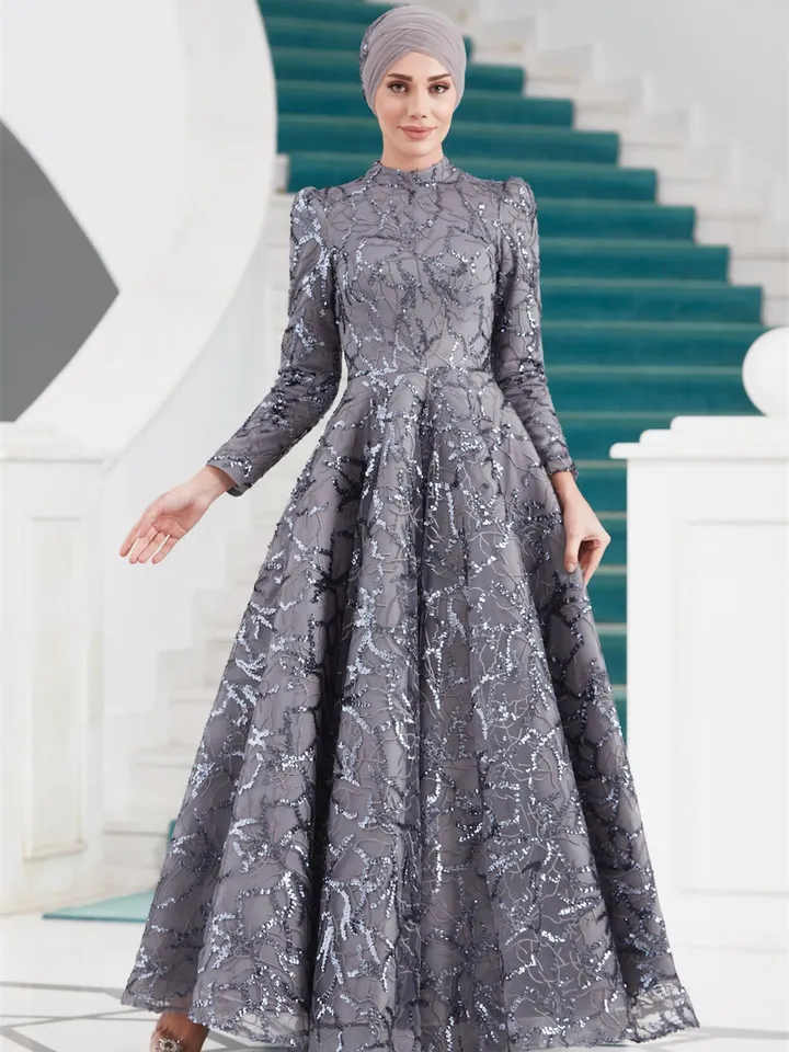AHUNARE HIJAB - Salkım Grey Embroidered Wedding Dress, Muslim Evening Gown, Nikah, Islamic Wedding, Engagement, Bridesmaid,
