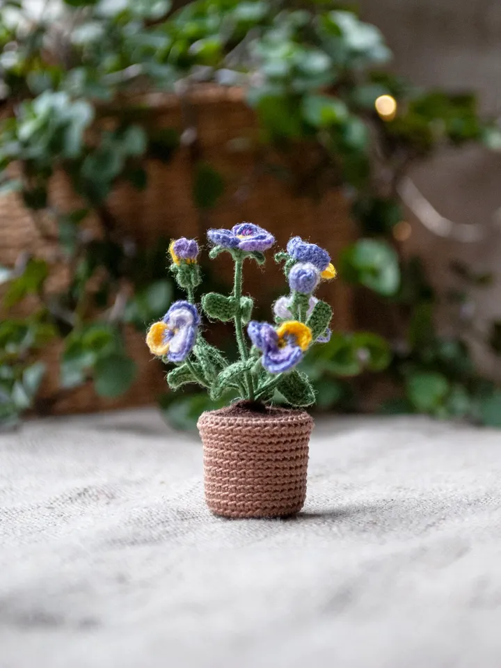 Beautiful miniature PANSY in a pot, Tiny Pansy for Fairy Flower Garden, Purple yellow Pansies crocheted flower