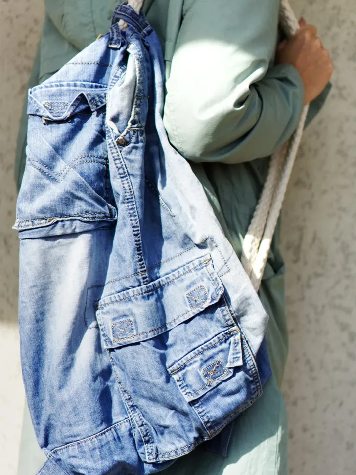 Blue jeans ,old denim bag sack . Upcycling