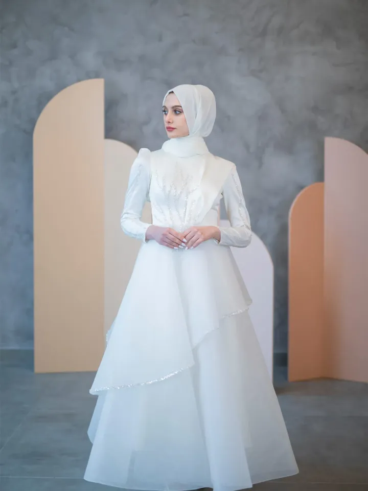 AHUNARE HIJAB - Seçil White Embroidered Wedding Dress, Muslim Evening Gown, Nikah, Islamic Wedding, Engagement, Bridesmaid,