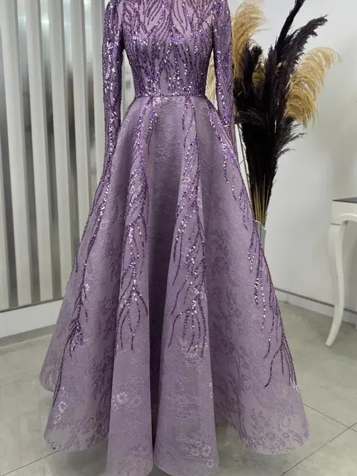 AHUNARE HIJAB - Çırağan Lilac Embroidered Wedding Dress, Muslim Evening Gown, Nikah, Islamic Wedding, Engagement, Bridesmaid,