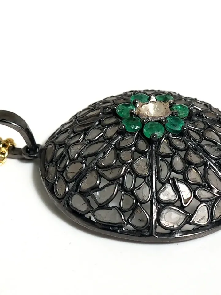 Natural Emerald Pendant, Polki Diamond Pendant, Uncut Diamond Pendant, 925 Sterling Silver Pendant, Antique Pendant, Victorian Jewelry