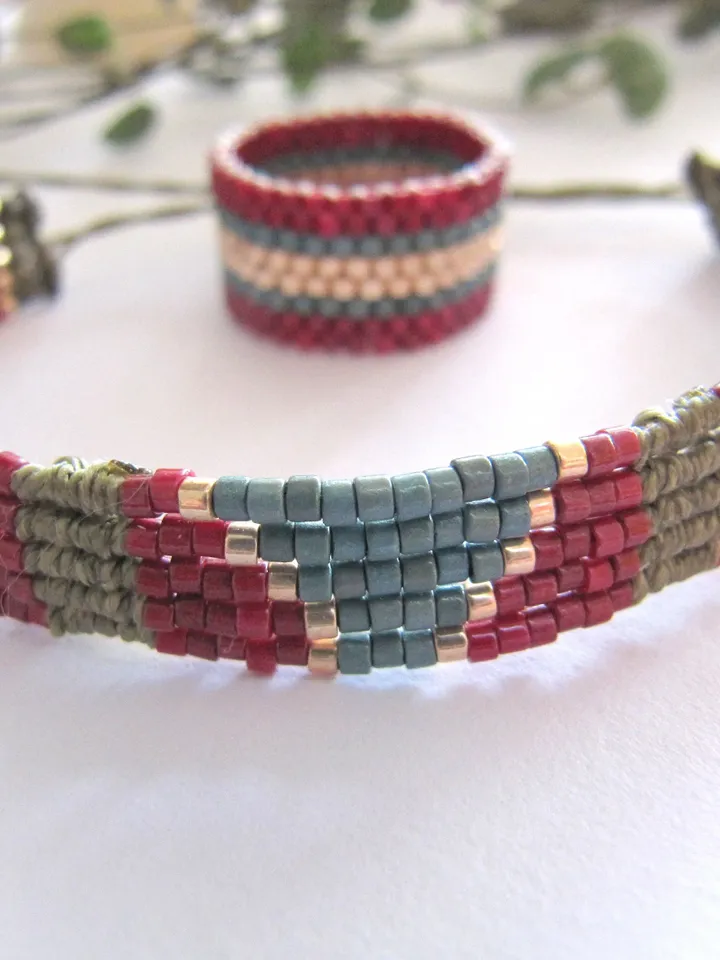 Miyuki bracelet and micro macrame, Miyuki ring, peyote jewelry, women gift Christmas gift for friend, macrame bracelet