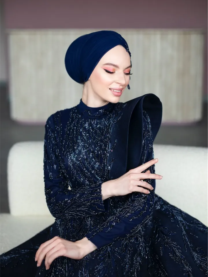 AHUNARE HIJAB - Taçmina Navy Blue Handwork   Wedding Dress, Muslim Evening Gown, Nikah, Islamic Wedding, Engagement, Bridesmaid,