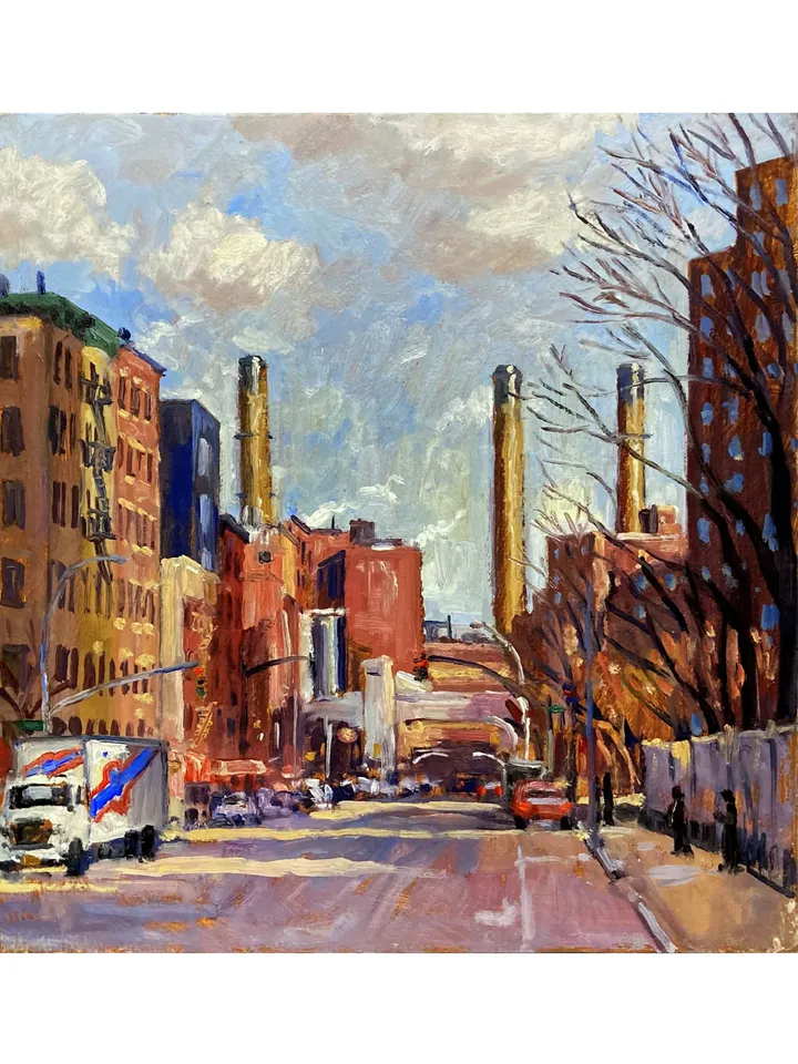New York Cityscape Painting - Winter Light/Avenue D/NYC- 14x14 Oil on Panel, Urban Impressionist Fine Art, American Realism, Signed Original