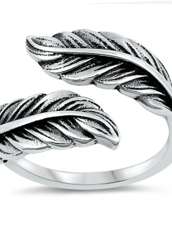 Sterling Silver Feather Ring · Feather thumb ring ·Bypass Indian Antiqued Patina Statement Ring · Thumb Ring Pinky Ring Unisex Size 6 to 10