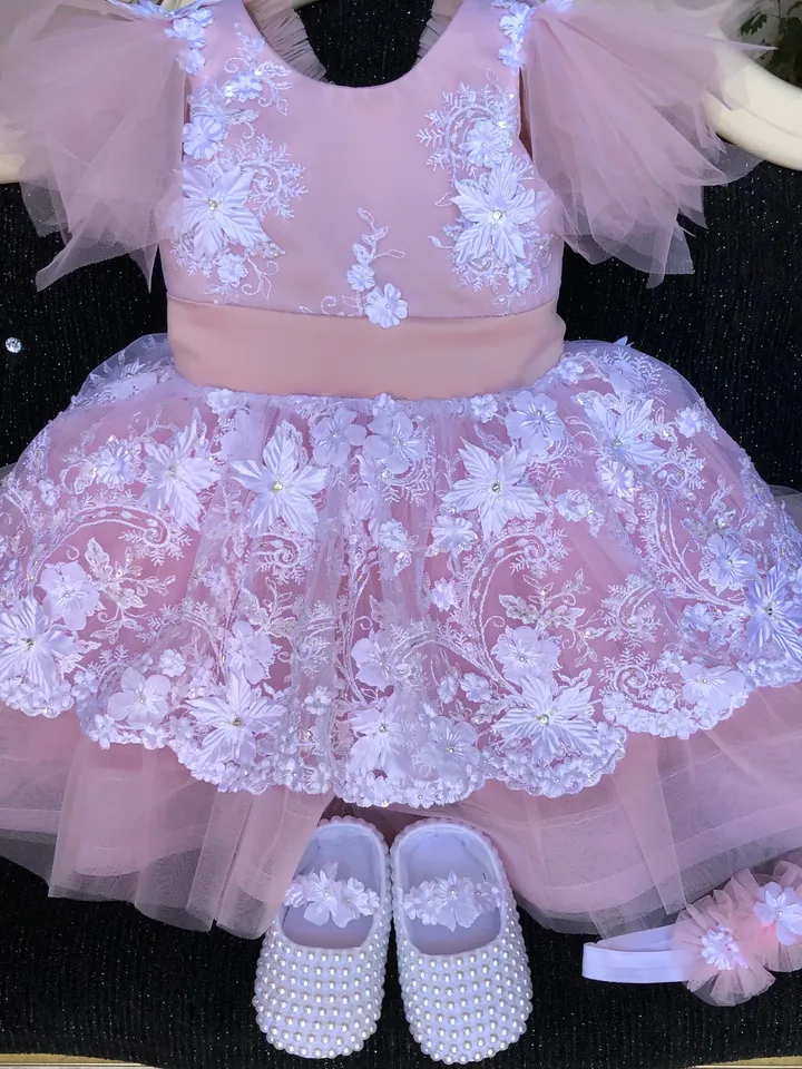 Pink and white dress with 3d flowers, pearls, beads. Dress with headband and booties for baby girl.Tutu dress for girl.Clothing set for girl