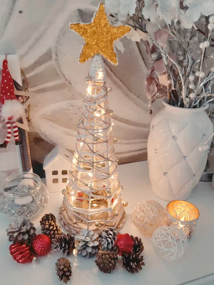 Christmas Tree Mini with LED Lights with Gifts Inside with a Star-Shaped top, Handmade Wonderful gift for Relatives for New Year's Holidays