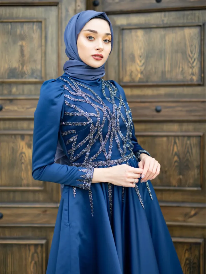 AHUNARE HIJAB - Suyolu  Navy Blue Embroidered  Satin Wedding Dress, Muslim Evening Gown, Nikah, Islamic Wedding, Engagement, Bridesmaid,