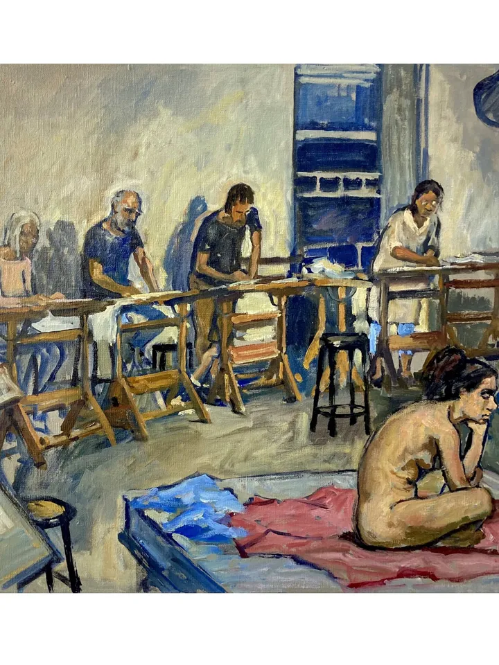 Large Interior Oil Painting -Night Session/Female Nude/Art Studio- 20x20 Oil on Canvas, Impressionist Fine Art, Signed American Original