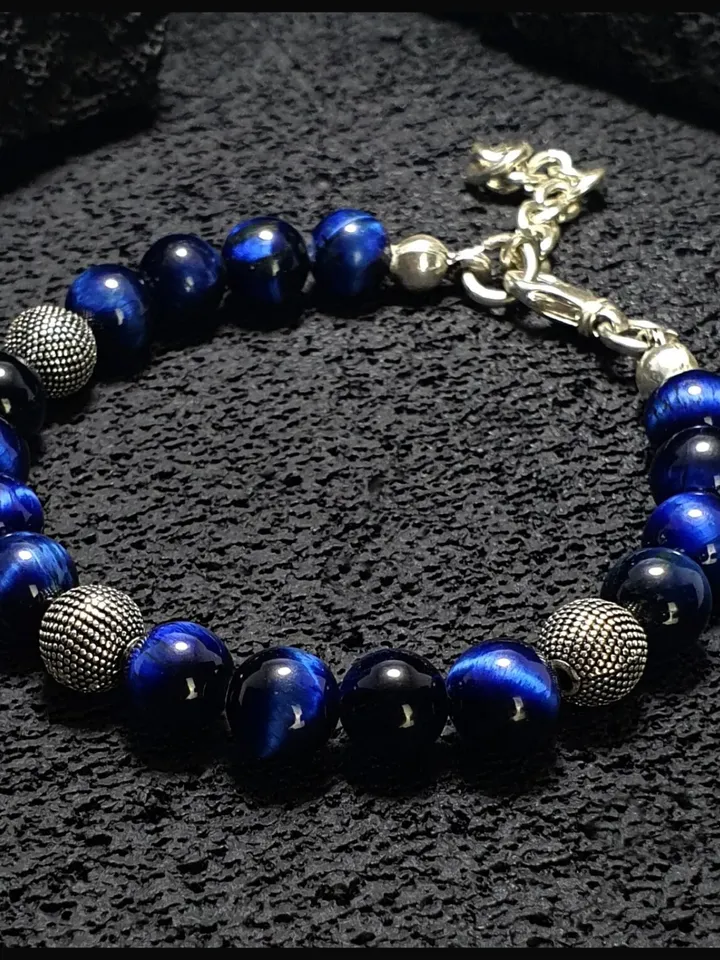 Navy Tiger's Eye Silver Bracelet, Masculine Bracelet, Silver Bracelet for Men, Gift For Your Loved One, Handmade Gemstone Silver Bracelet