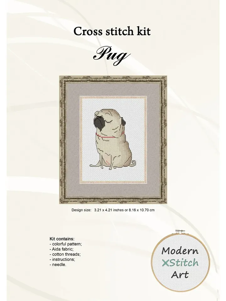 Pug Cross Stitch Kit, Dog Embroidery Kit, Beginner Cross Stitch Kit, Modern Cross Stitch Kit, Easy Xstitch Kit