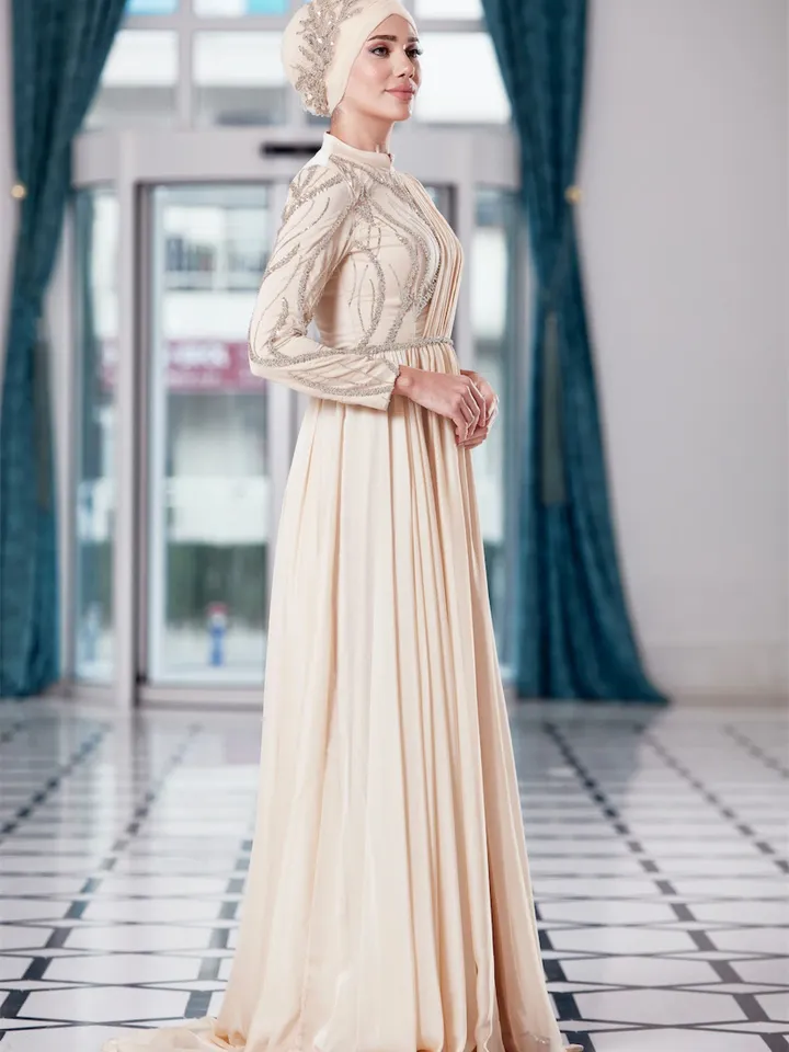 AHUNARE HIJAB - Dila  Cream Chiffon  Wedding Dress, Muslim Evening Gown, Nikah, Islamic Wedding, Engagement, Bridesmaid,