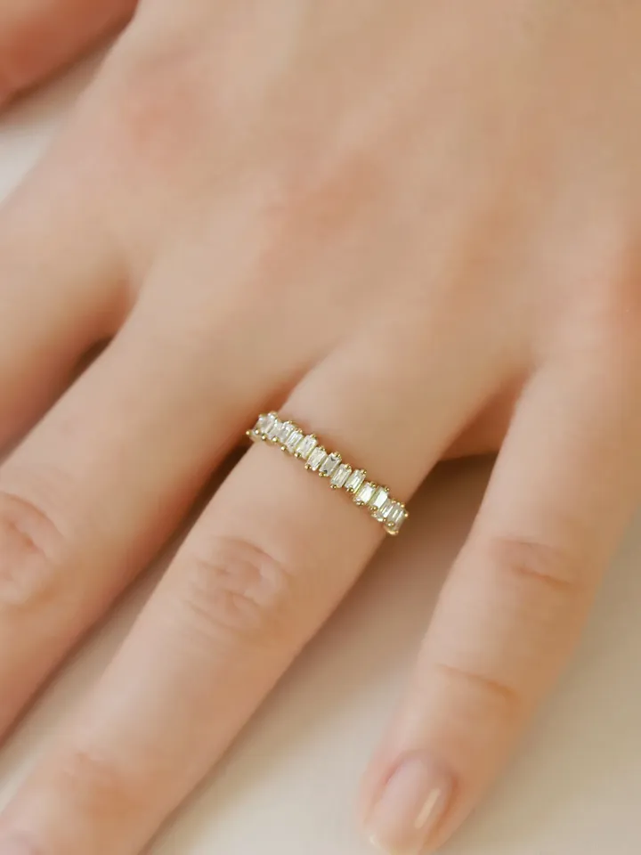 HALF ETERNITY RINGS | Dainty Eternity Moissanite Baguette Gold Plated Ring | White Gold Rings | Women Wedding Ring | Unique Gold Rings