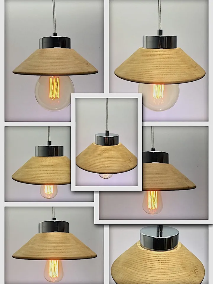 Wooden pendant light, silver chandelier, ceiling lamp
