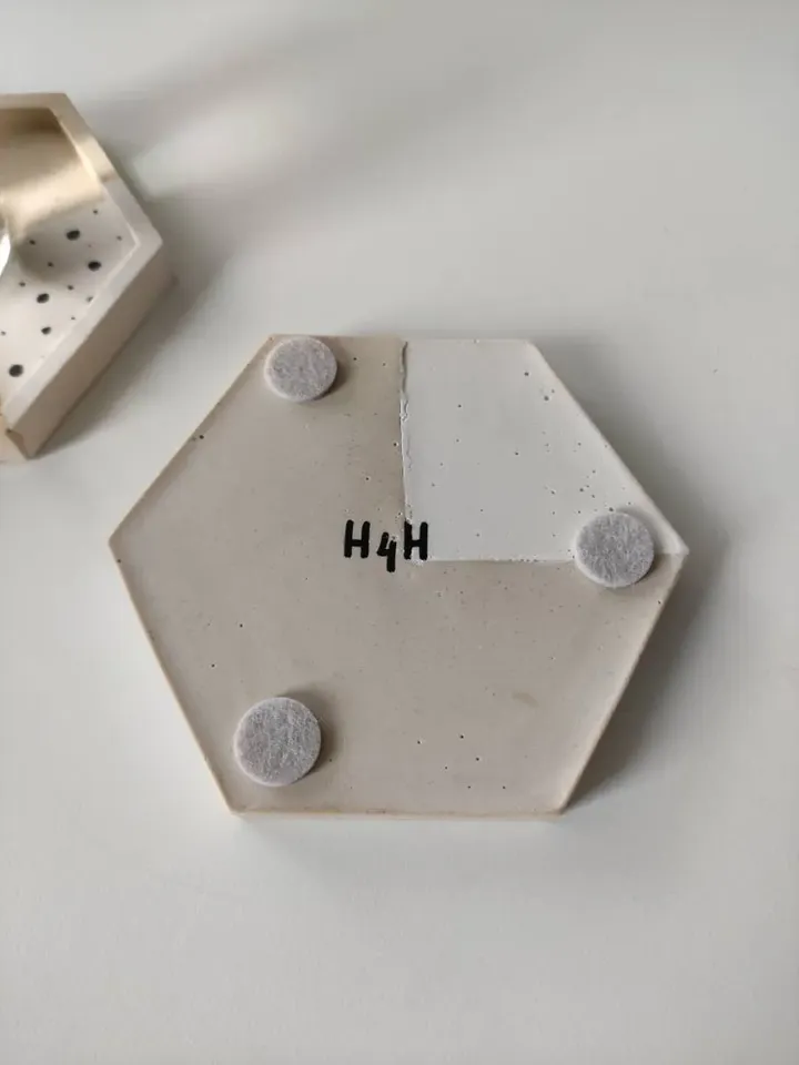 Jesmonite hexagonal trays / coasters in neutral colours with dots
