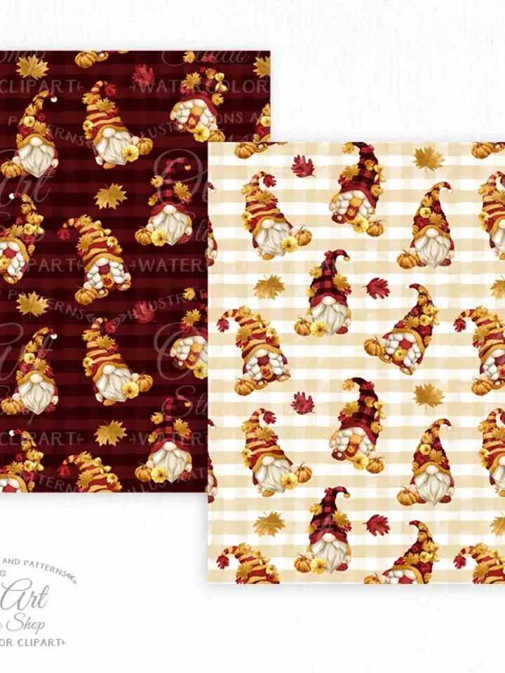 Download Seamless patterns. Gnomes & pumpkin. Fall, Autumn. Fall Buffalo Plaid JPG. Digital Download