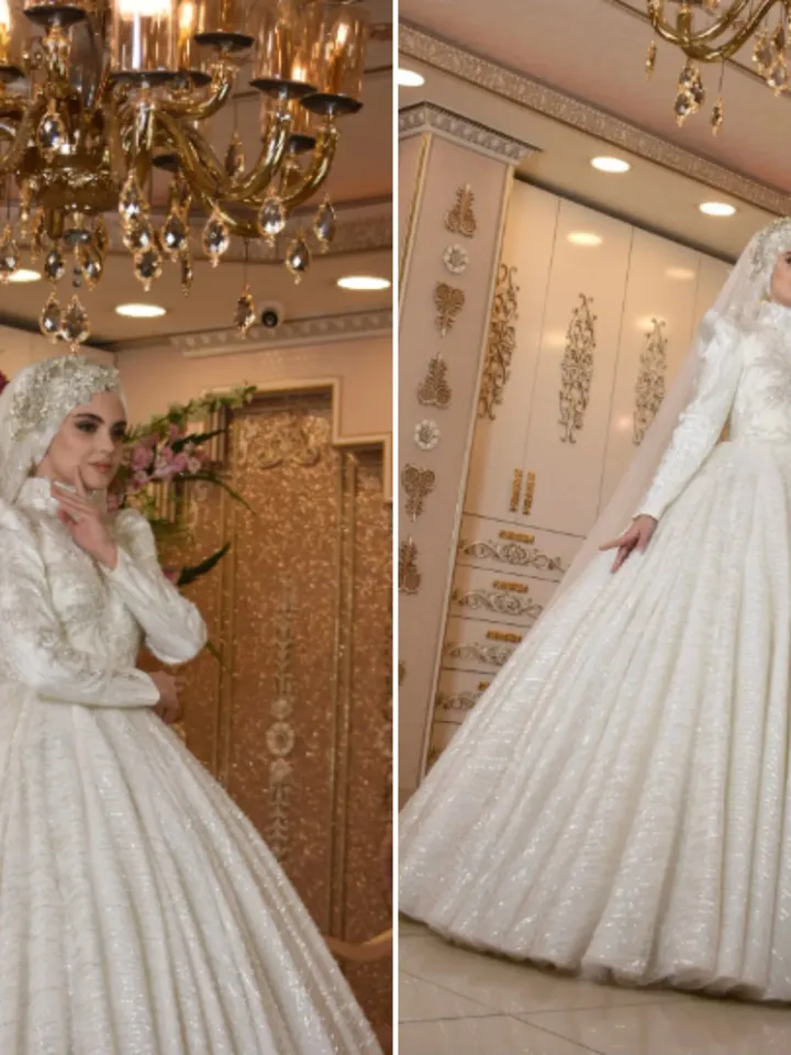 Hüma Sultan White Embroidered Bright Princess Wedding Gown,Bridal, Muslim Wedding, Hijab Wedding,White Wedding Dress, Islamic Wedding