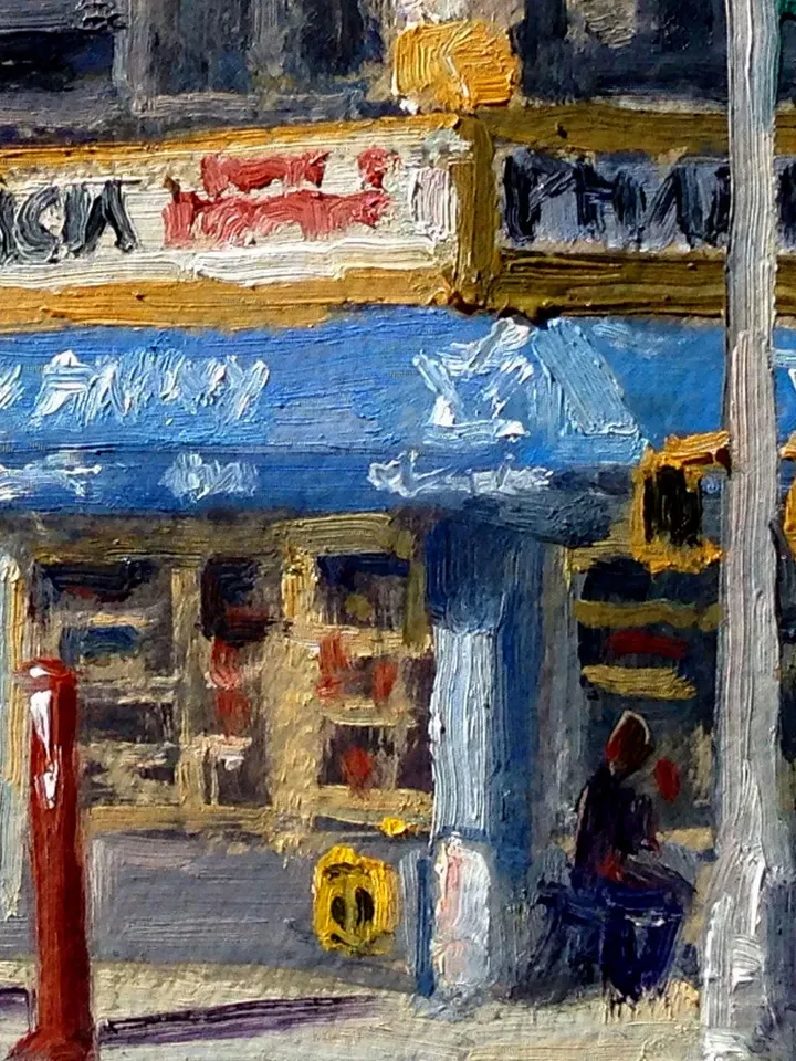 Small New York Cityscape Painting -Farmacia/LES/NYC- 7x7 Oil on Panel, Urban Plein Air Impressionist Fine Art, Signed New York City Original