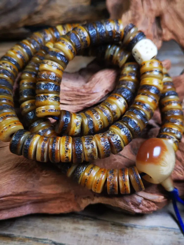 Gandhanra Original Tibetan Yak Bone Mala, Hand-carved Tibetan Prayer Beads Necklace,40 Years Old