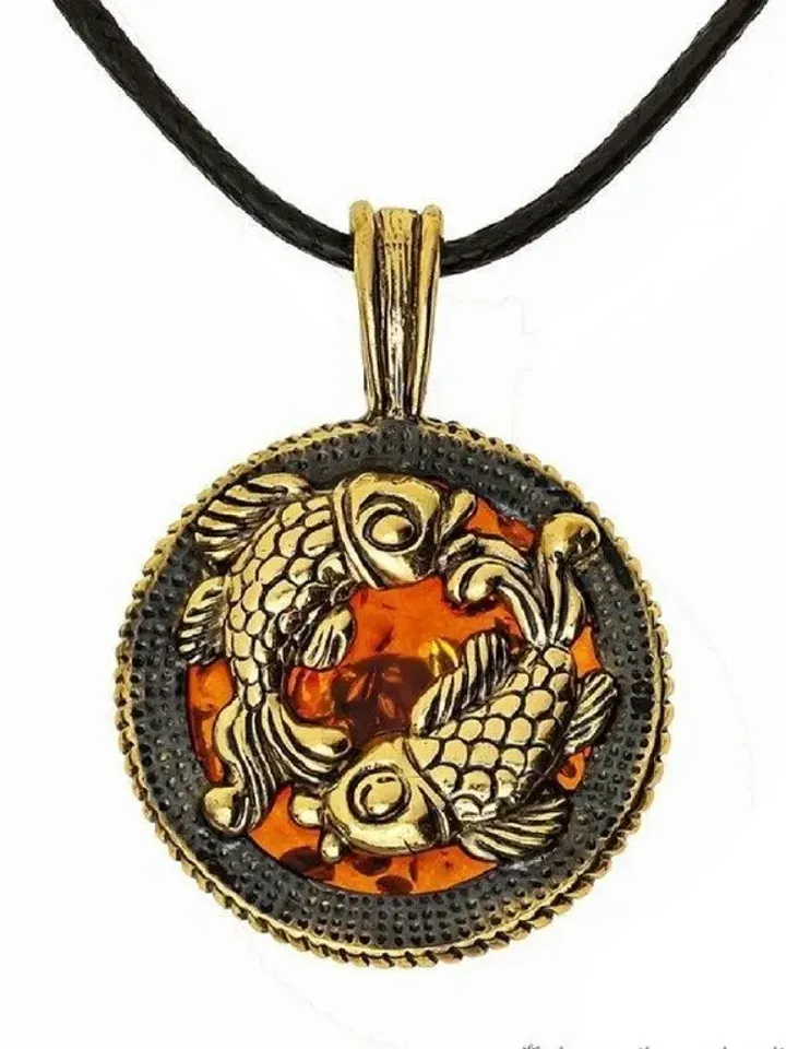 Pisces necklace Pisces gift zodiac sign pendant fish amber jewelry gold brass Fish Amulet round pendant medallion
