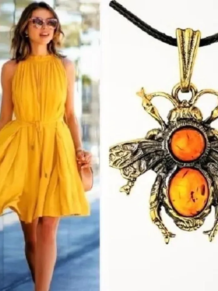 Bee necklace Insect jewelry Amber Bee jewelry Pendant necklace Gold Brass Vintage Style Handmade Summer jewelry for her