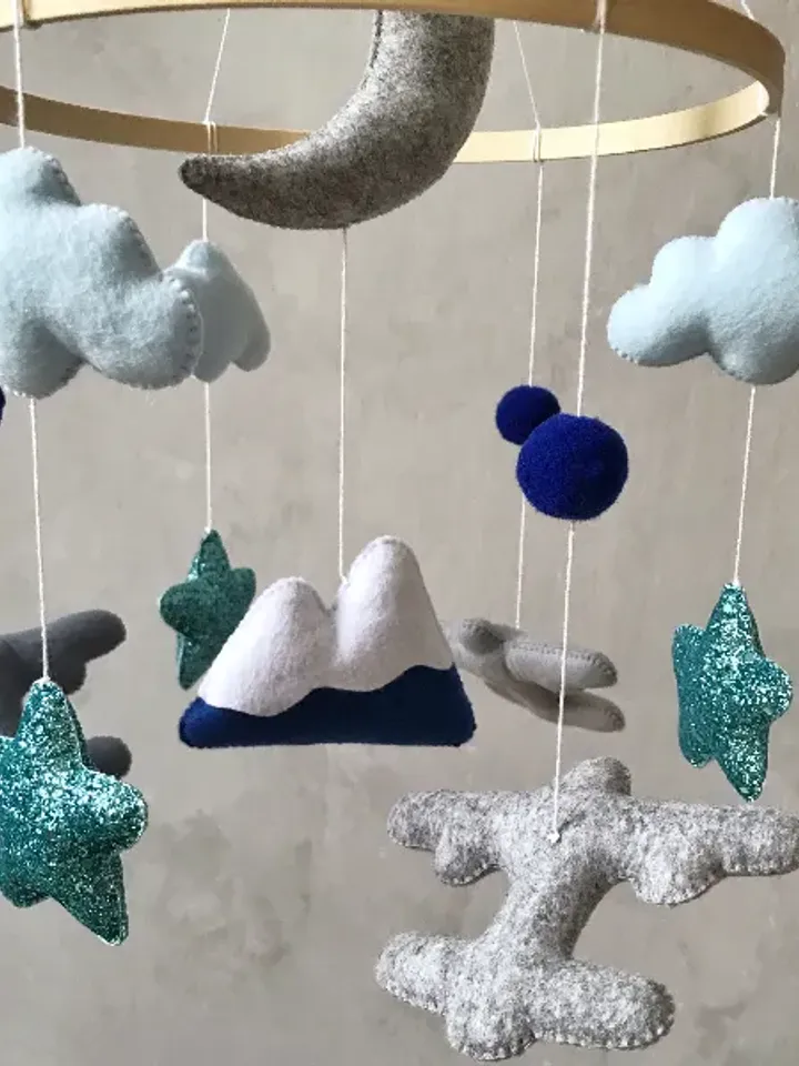Handmade Baby Boy Mobile with Airplanes, Clouds, Stars, and Mountains - Blue and Gray Sky Themed Crib Mobile for Nursery