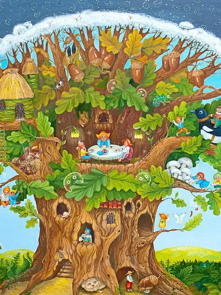 Big tree, Magic Oak with treehouses, little people, gnomes and elves, landscape, house art, Poster with author&#39;s painting, nursery décor