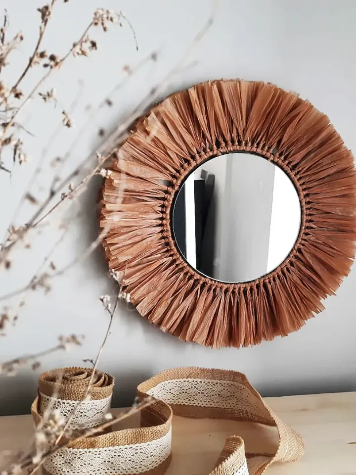 Wall Decor Bedroom Round mirror with raffia Home Decorative Mirror Wall Boho Raffia Mirror Home decor Wall hangings