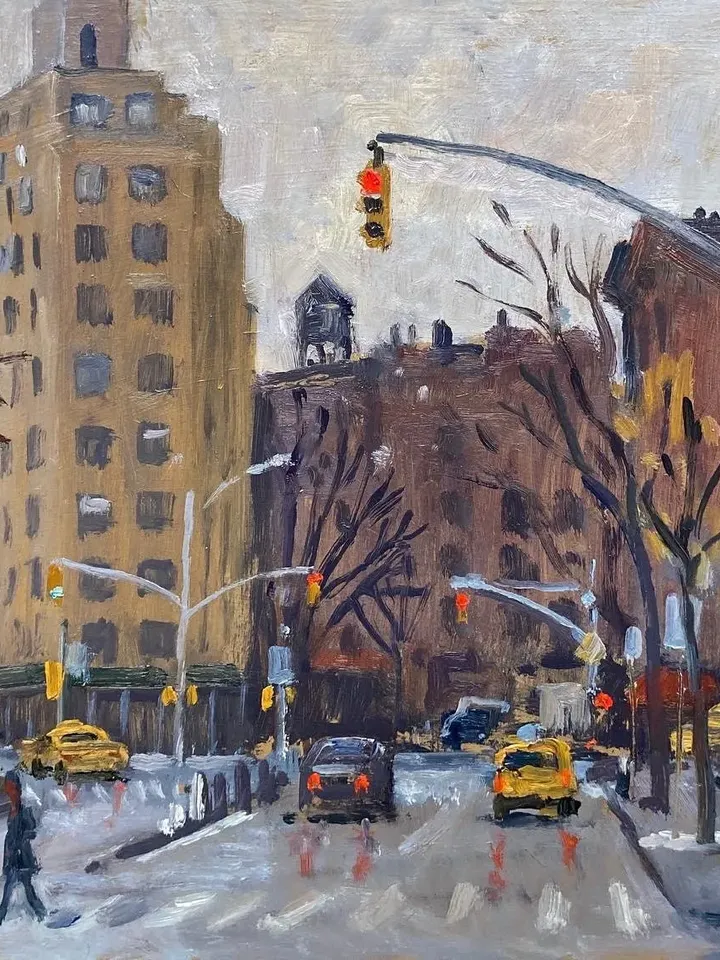 Original Greenwich Village Cityscape Painting - From Houston St/NYC Winter- 8x10 Oil on Panel, New York Urban Impressionist Landscape